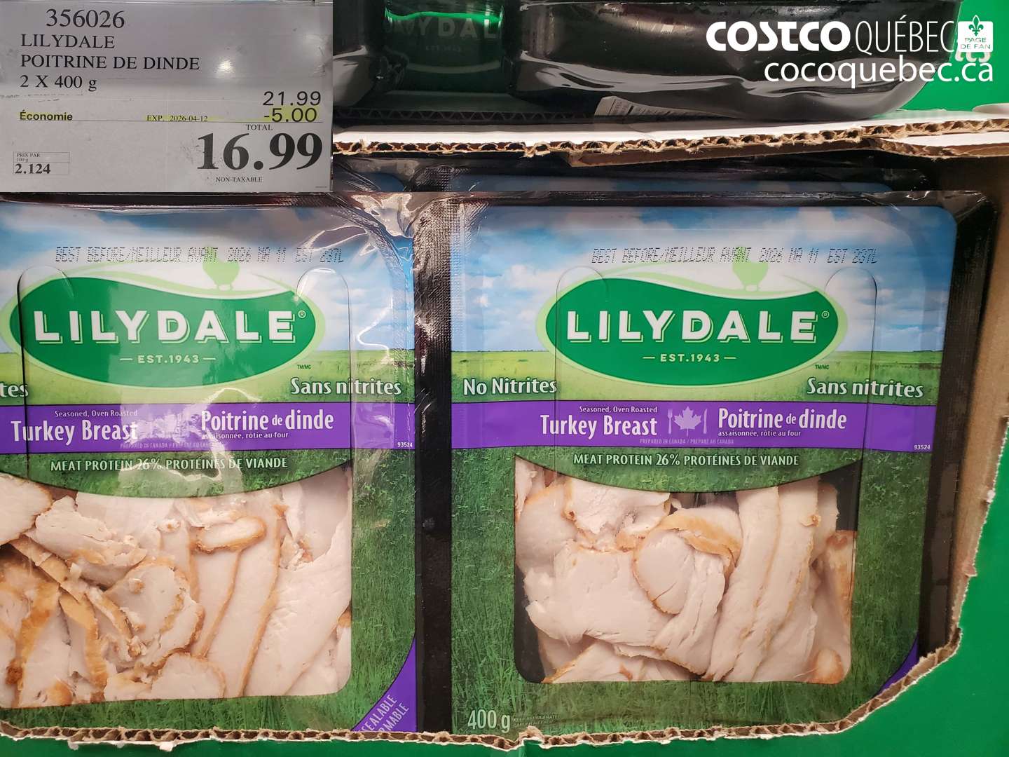 356026 LILYDALE POITRINE DE DINDE 2 X 400 G ($5.00 INSTANT SAVINGS EXPIRES ON 2026-04-12) $16.99