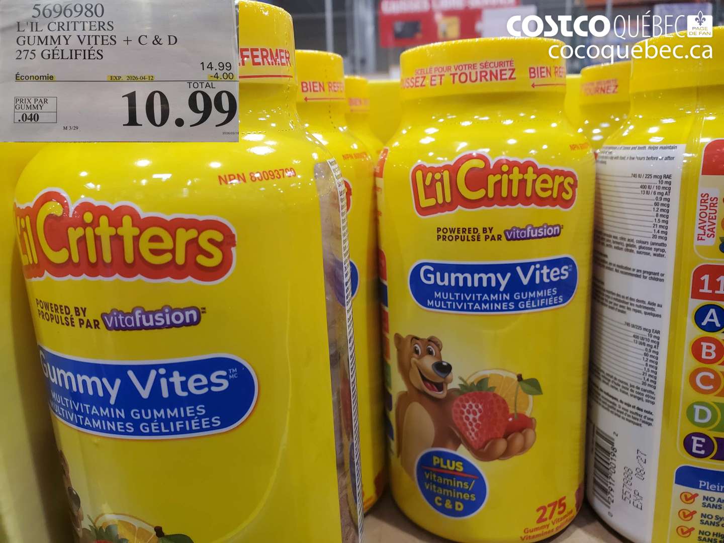 5696980 L'IL CRITTERS GUMMY VITES + C & D 275 GÉLIFIÉS ($4.00 INSTANT SAVINGS EXPIRES ON 2026-04-12) $10.99