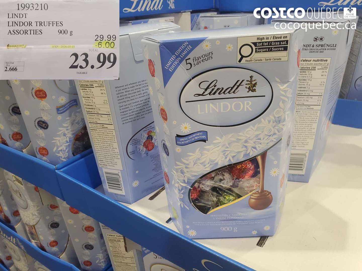 1993210 LINDT LINDOR TRUFFES ASSORTIES 900 G ($6.00 INSTANT SAVINGS EXPIRES ON 2026-03-15) $23.99