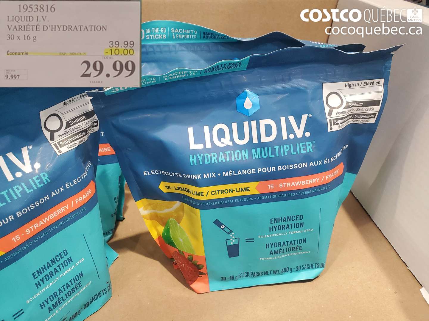 1953816 LIQUID I.V. VARIÉTÉ D'HYDRATATION 30 X 16 G ($10.00 INSTANT SAVINGS EXPIRES ON 2026-03-15) $29.99