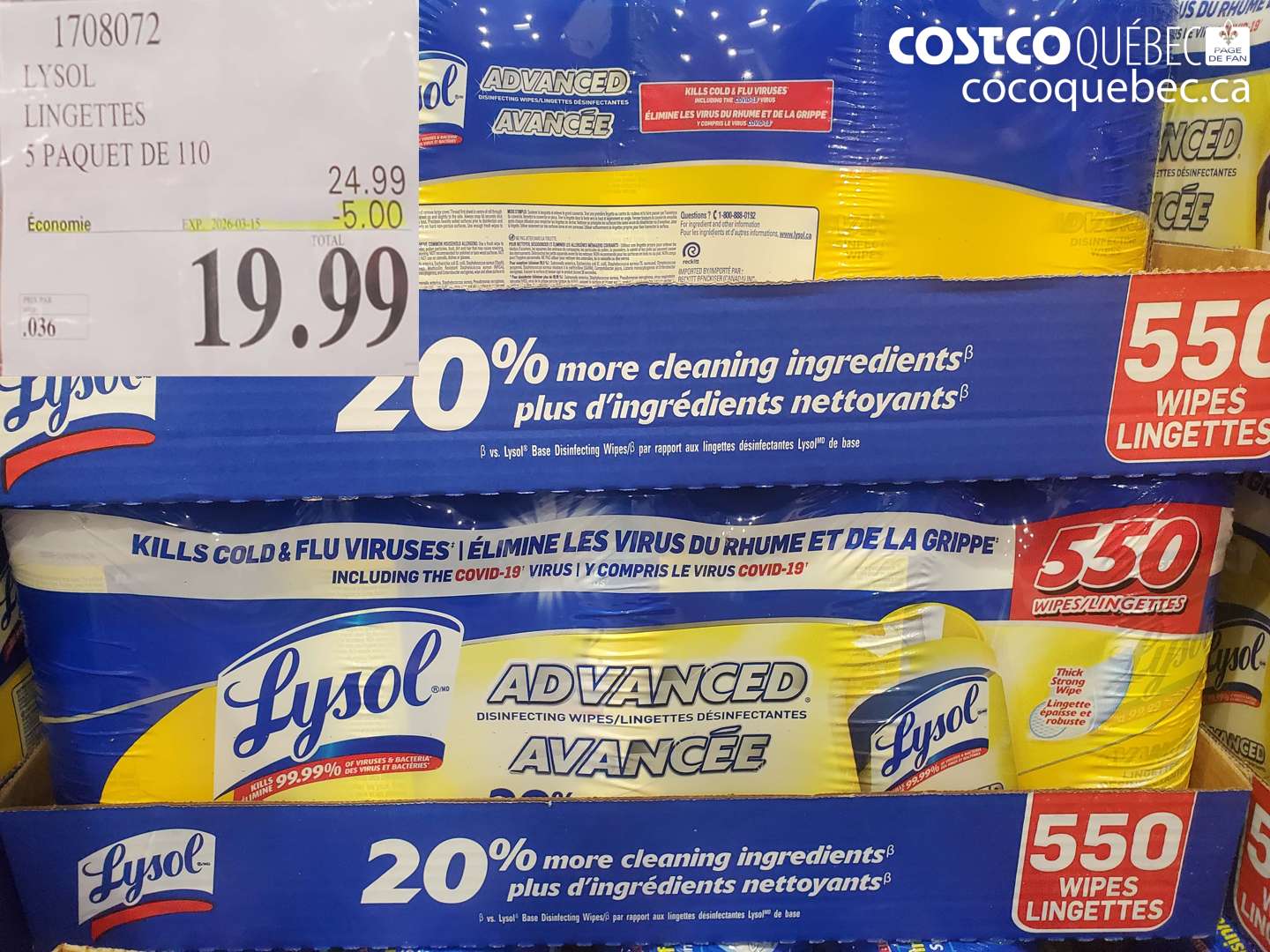 1708072 LYSOL LINGETTES 5 PAQUET DE 110 ($5.00 INSTANT SAVINGS EXPIRES ON 2026-03-15) $19.99