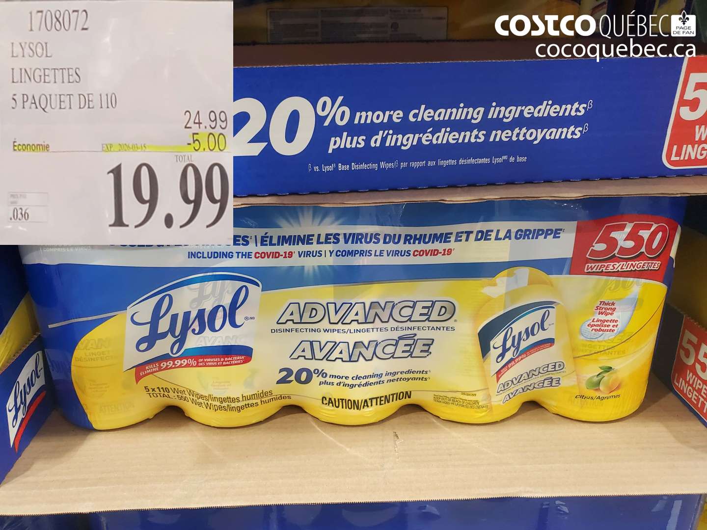 1708072 LYSOL LINGETTES 5 PAQUET DE 110 ($5.00 INSTANT SAVINGS EXPIRES ON 2026-03-15) $19.99