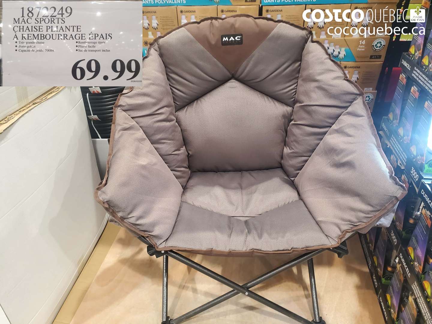 1872249 MAC SPORTS CHAISE PLIANTE À REMBOURRAGE ÉPAIS $69.99