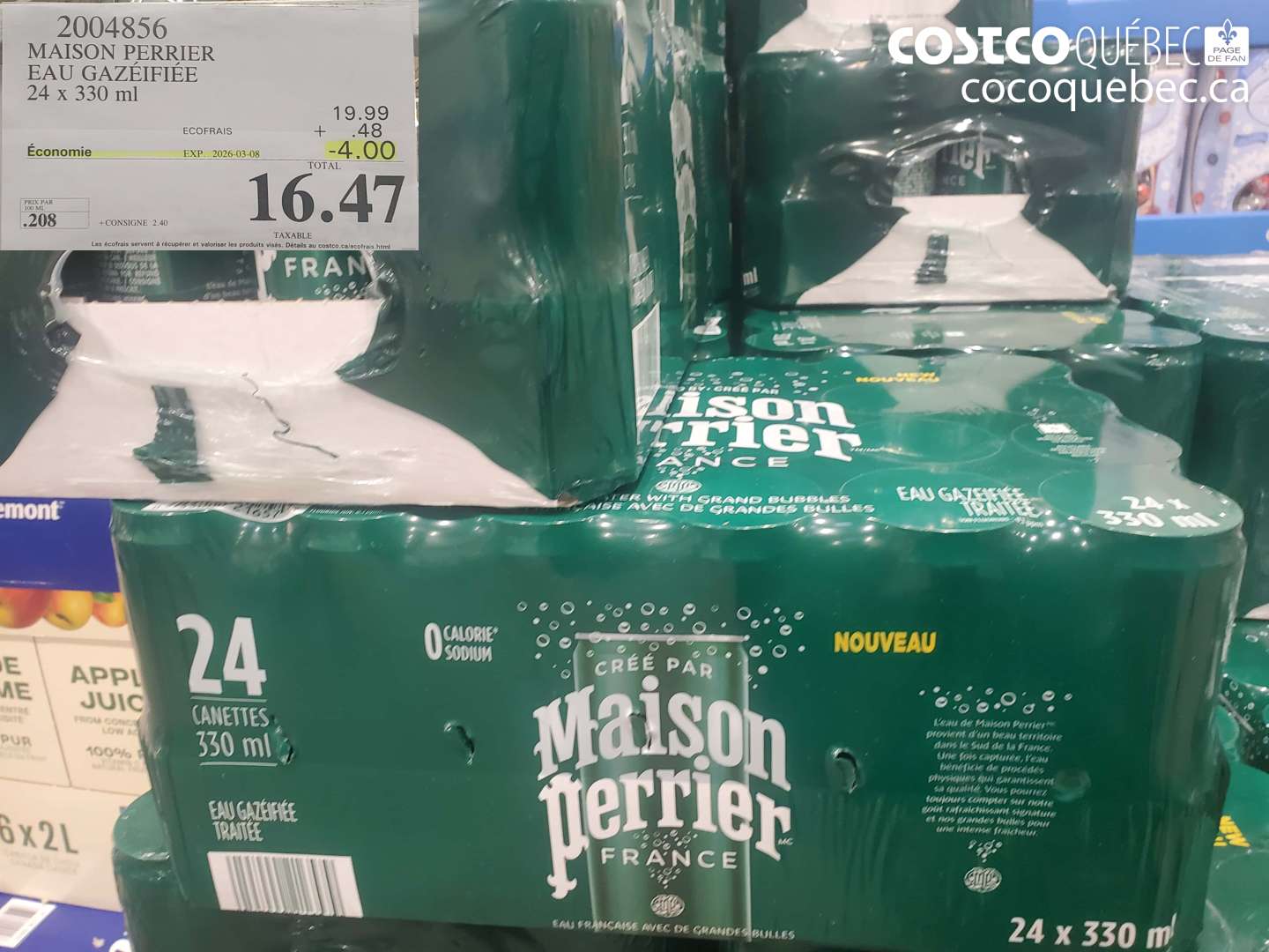 2004856 MAISON PERRIER EAU GAZÉIFIÉE 24 X 330 ML ($4.00 INSTANT SAVINGS EXPIRES ON 2026-03-08) $16.47