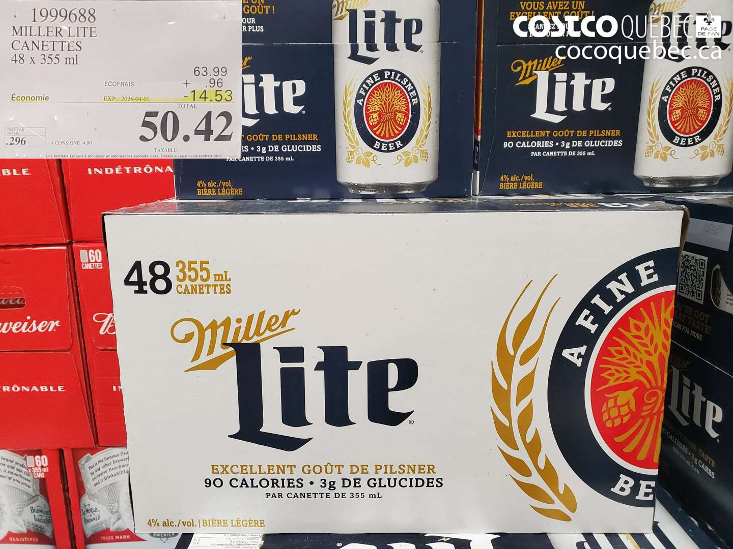 1999688 MILLER LITE CANETTES 48 X 355 ML ($14.53 INSTANT SAVINGS EXPIRES ON 2026-04-01) $50.42