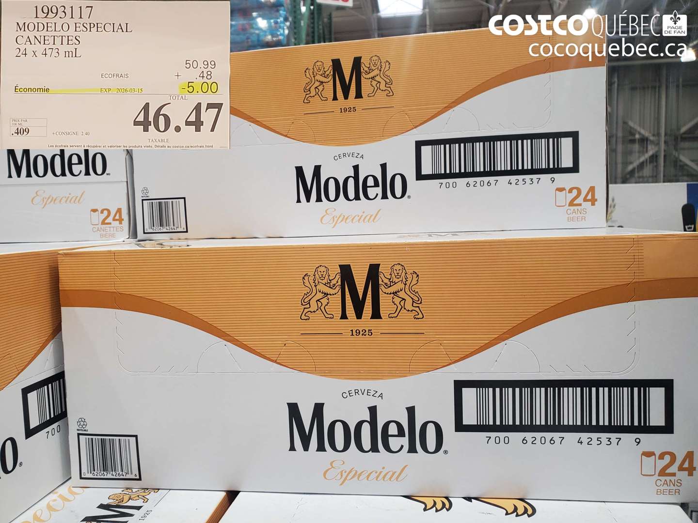 1993117 MODELO ESPECIAL CANETTES 24 X 473 ML ($5.00 INSTANT SAVINGS EXPIRES ON 2026-03-15) $46.47