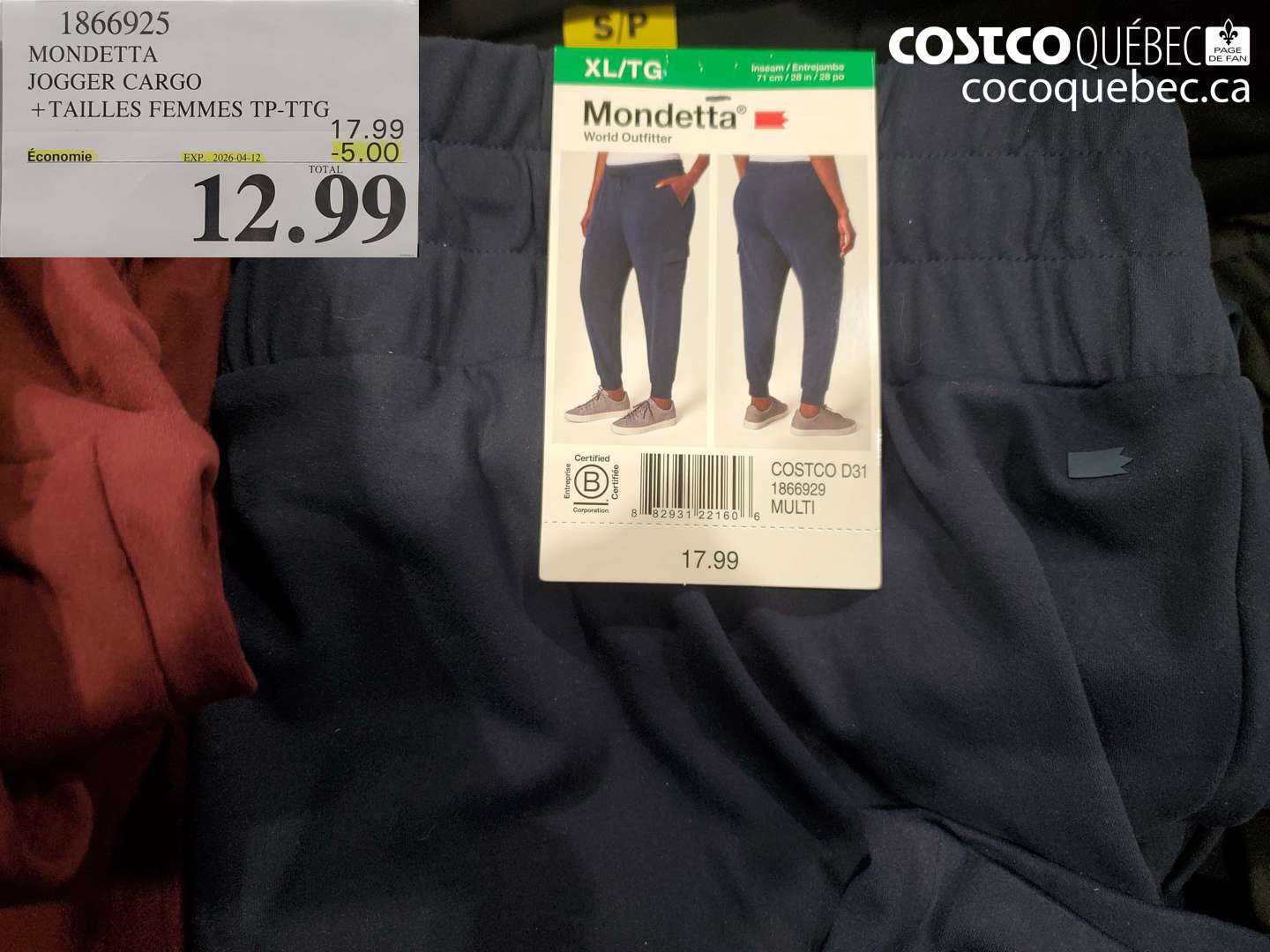 1866925 MONDETTA JOGGER CARGO +TAILLES FEMMES TP-TTG ($5.00 INSTANT SAVINGS EXPIRES ON 2026-04-12) $12.99