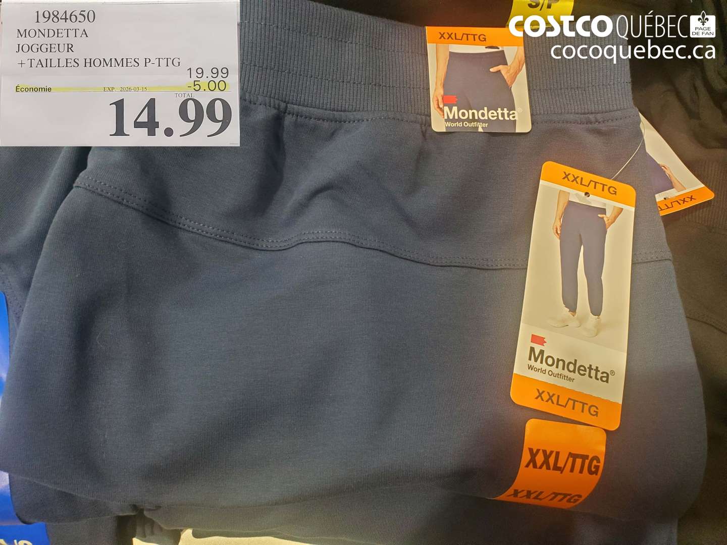 1984650 MONDETTA JOGGEUR + TAILLES HOMMES P-PTG ($5.00 INSTANT SAVINGS EXPIRES ON 2026-03-15) $14.99