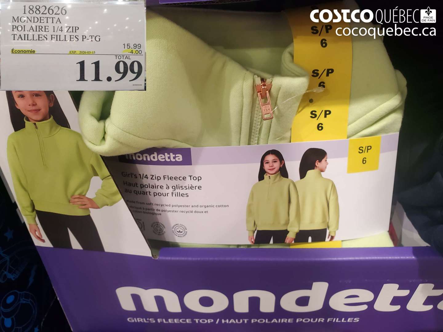 1882626 MONDETTA POLAIRE 1/4 ZIP TAILLES FILLES P-TG ($4.00 INSTANT SAVINGS EXPIRES ON 2026-03-15) $11.99