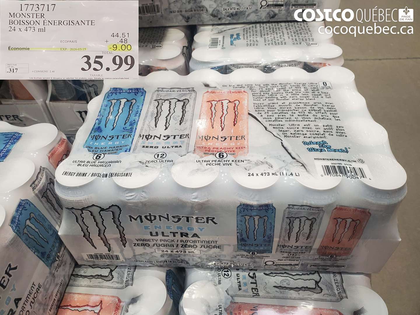 1773717 MONSTER BOISSON ÉNERGISANTE 24 X 473 ML ($9.00 INSTANT SAVINGS EXPIRES ON 2026-03-15) $35.99