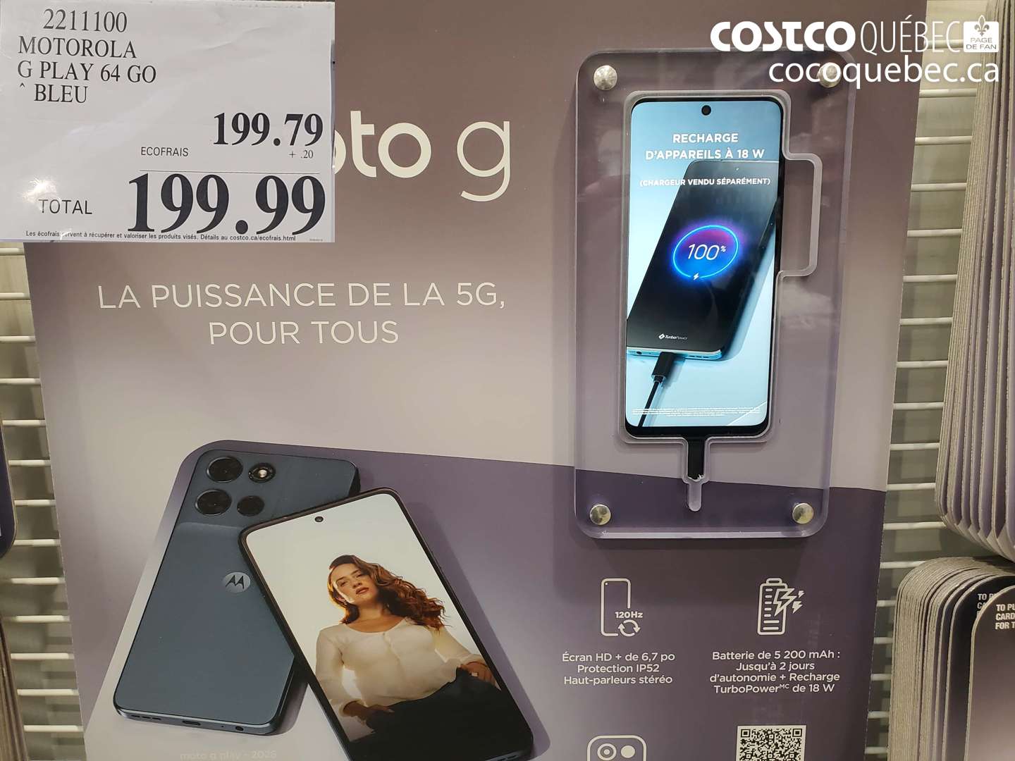 2211100 MOTOROLA G PLAY 64 GO BLEU $199.99