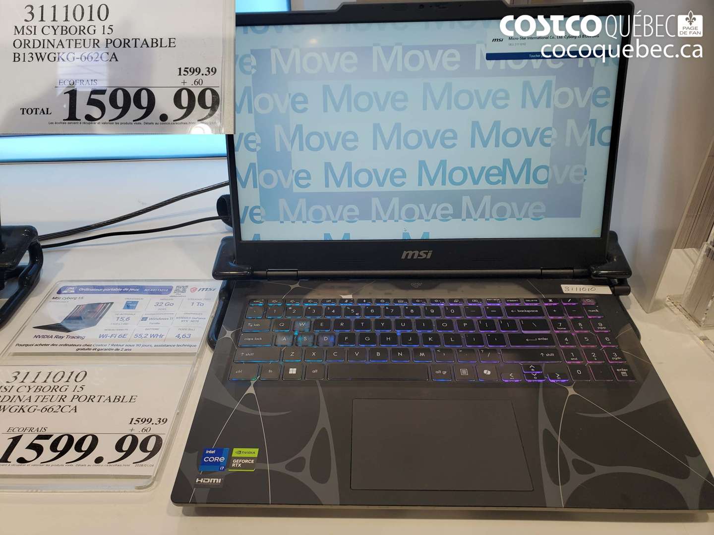 3111010 MSI CYBORG 15 ORDINATEUR PORTABLE B13WGKG-662CA $1599.99