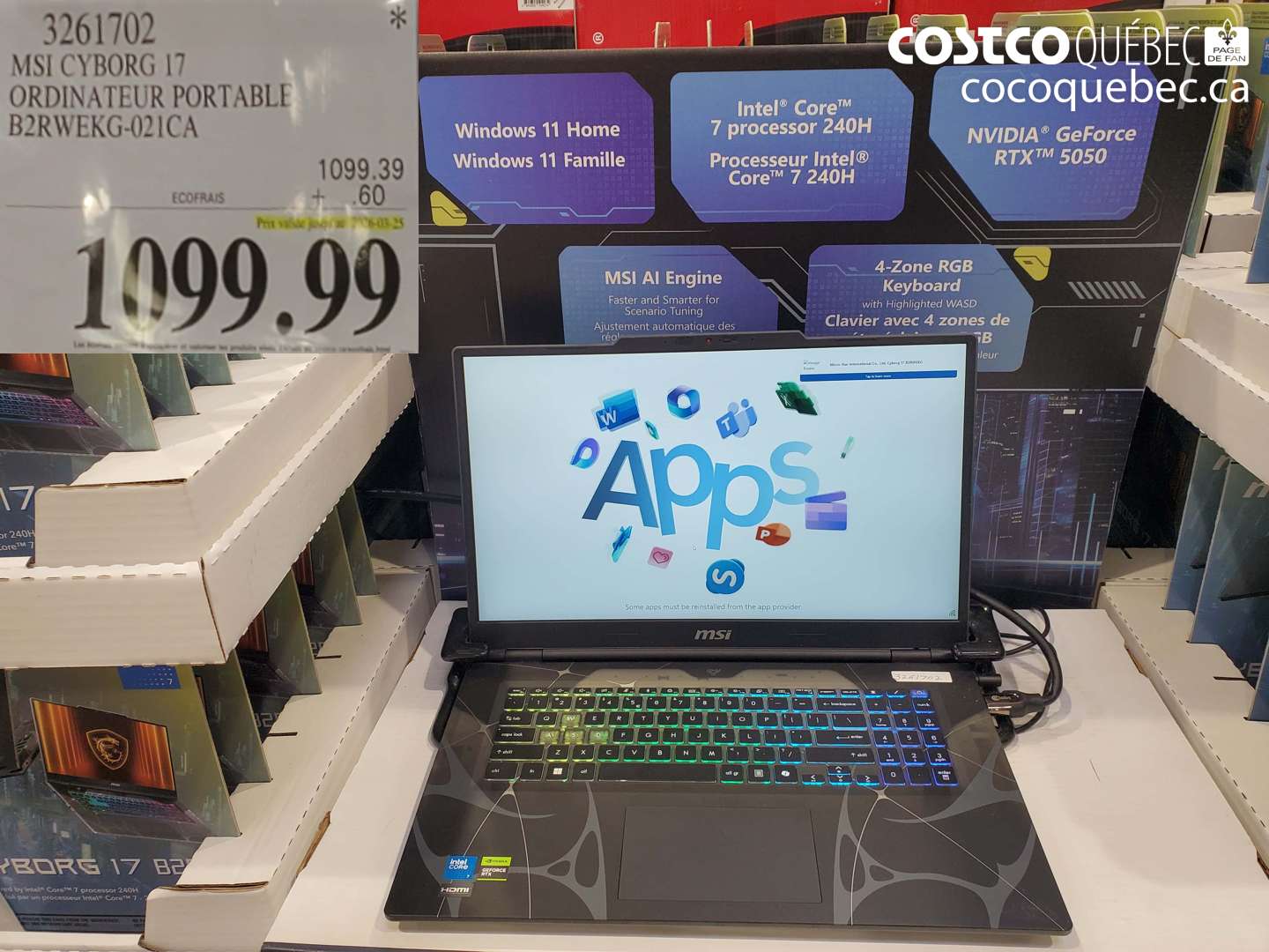 3261702 MSI CYBORG I7 ORDINATEUR PORTABLE B2RWEKG-021CA (EXPIRES ON 2026-03-25) $1099.99