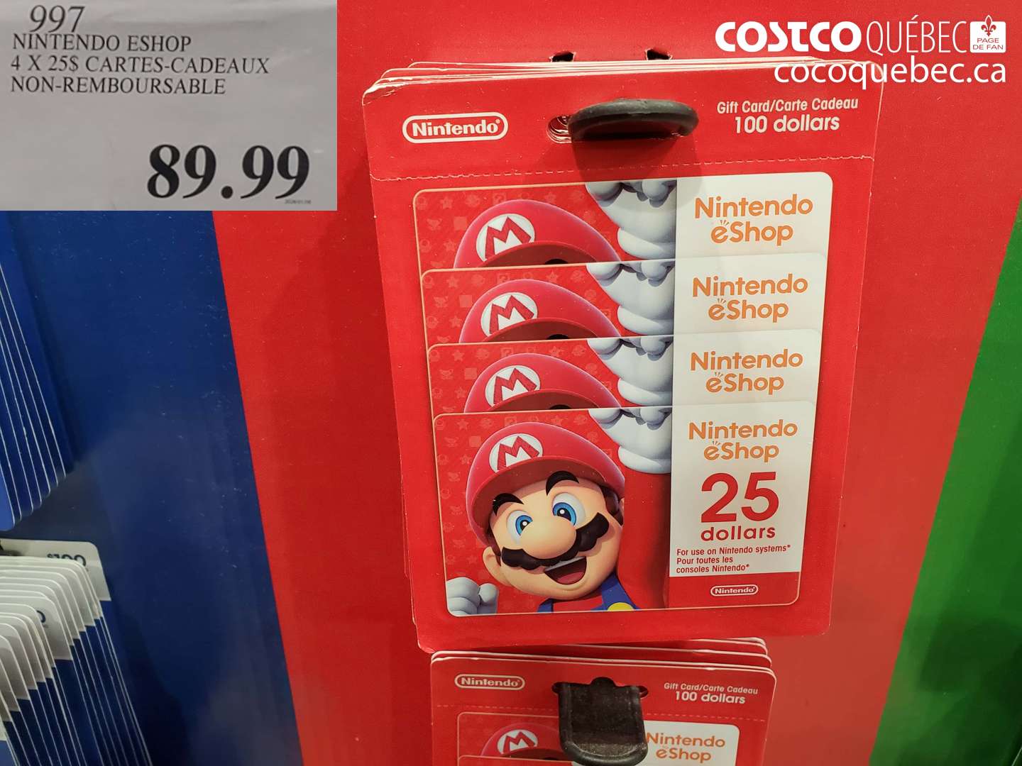 997 NINTENDO ESHOP 4 X 25S CARTES-CADEAUX NON-REMBOURSABLE $89.99