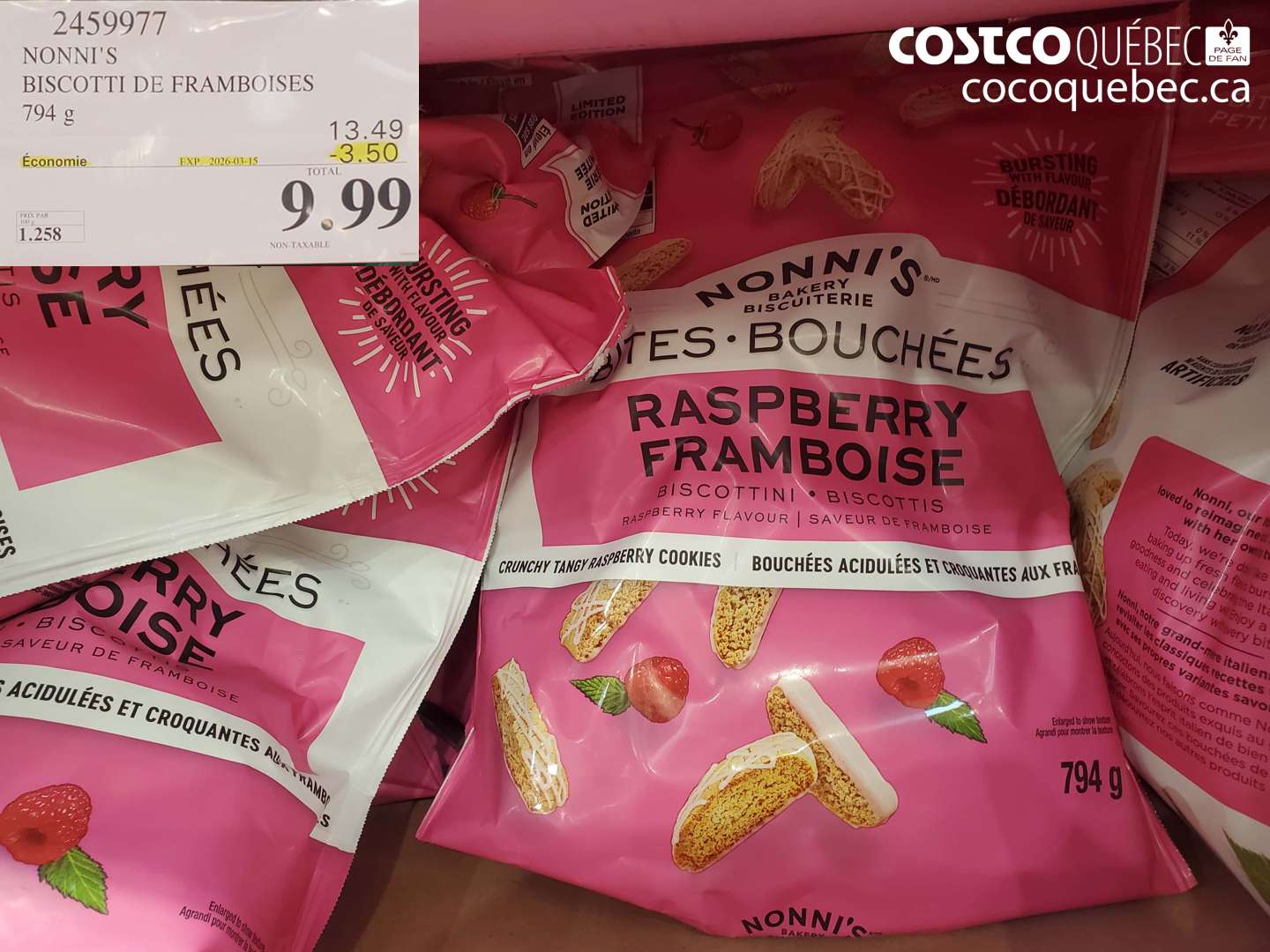 2459977 NONNI'S BISCOTTI DE FRAMBOISES 794 G ($3.50 INSTANT SAVINGS EXPIRES ON 2026-03-15) $9.99