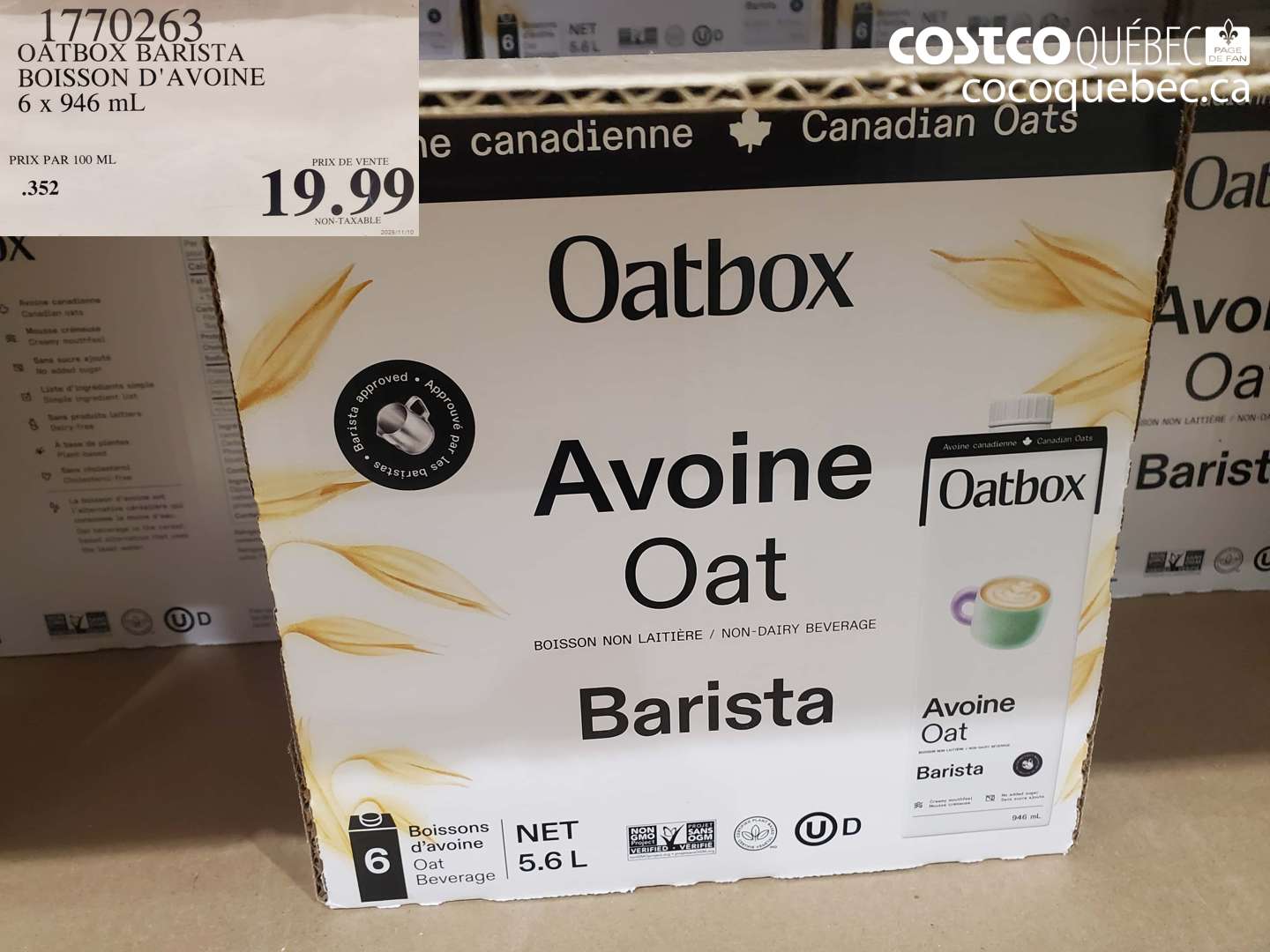 1770263 OATBOX BARISTA BOISSON D'AVOINE 6 X 946 ML $19.99