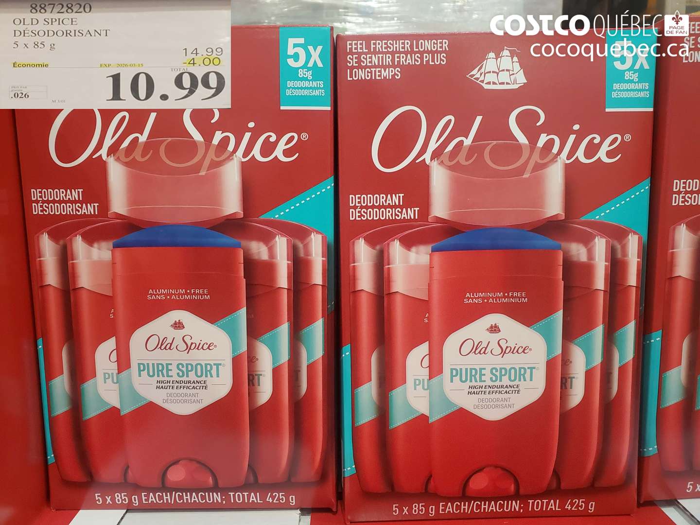 8872820 OLD SPICE DÉODORISANT 5 X 85 G ($4.00 INSTANT SAVINGS EXPIRES ON 2026-03-15) $10.99