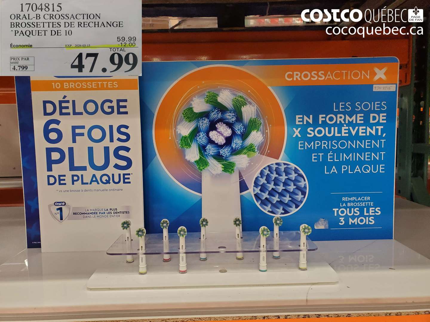 1704815 ORAL-B CROSSACTION BROSSETTES DE RECHANGE PAQUET DE 10 ($12.00 INSTANT SAVINGS EXPIRES ON 2026-03-15) $47.99