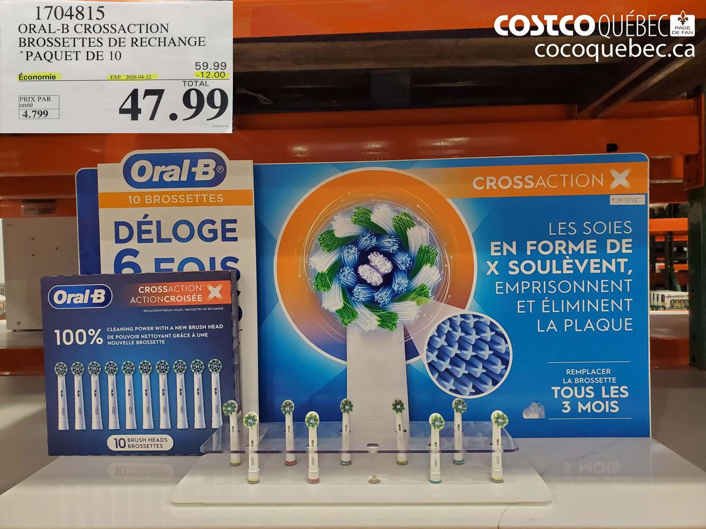 1704815 ORAL-B CROSSACTION BROSSETTES DE RECHANGE PAQUET DE 10 ($12.00 INSTANT SAVINGS EXPIRES ON 2026-04-12) $47.99