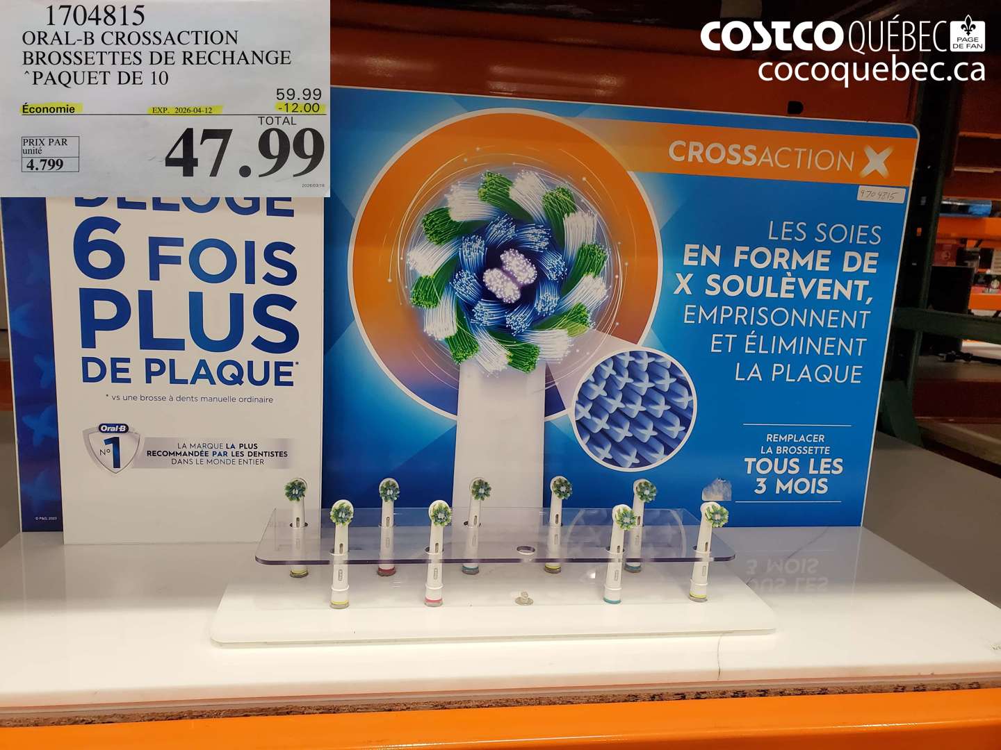 1704815 ORAL-B CROSSACTION BROSSETTES DE RECHANGE PAQUET DE 10 ($12.00 INSTANT SAVINGS EXPIRES ON 2026-04-12) $47.99
