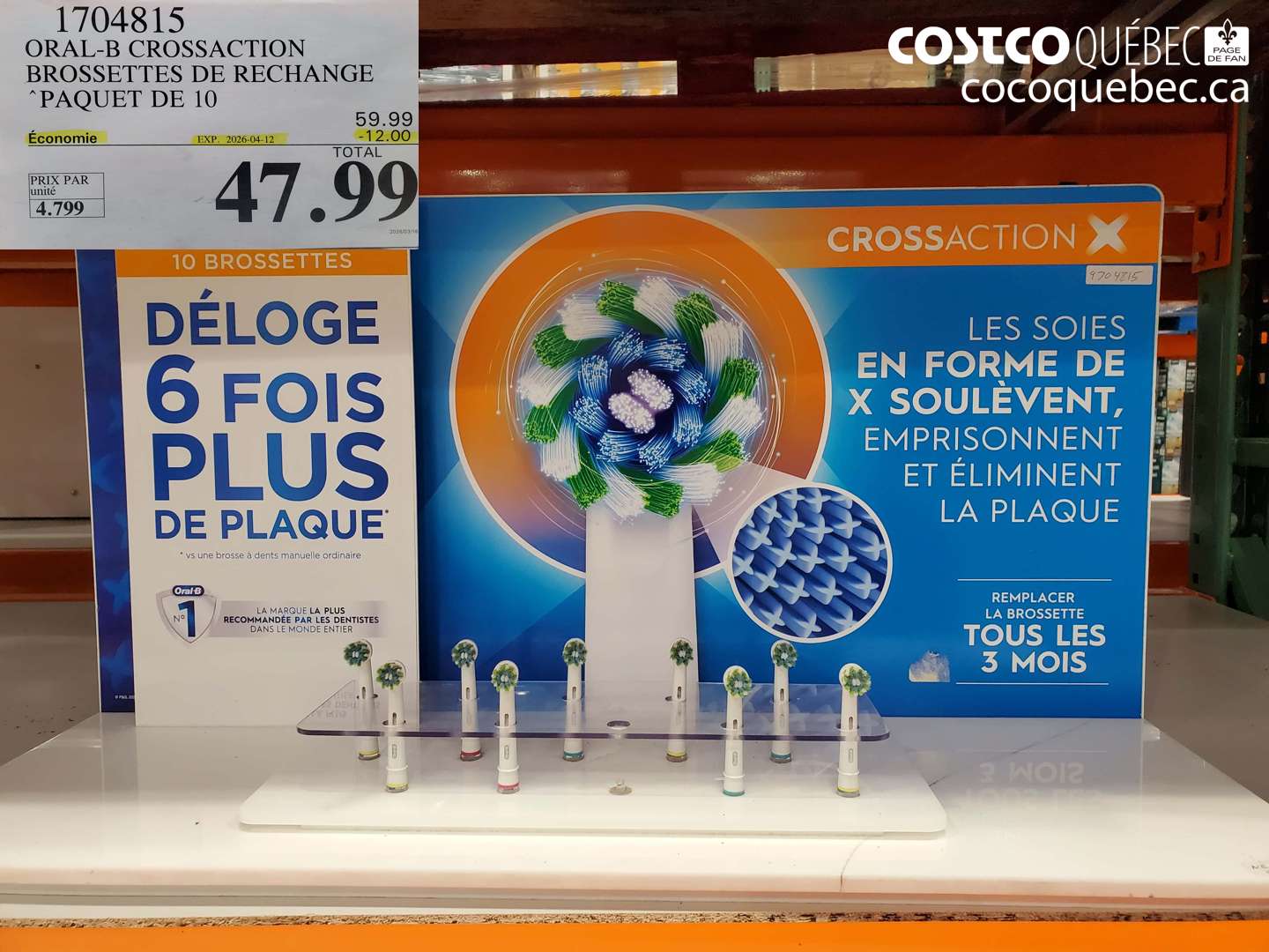 1704815 ORAL-B CROSSACTION BROSSETTES DE RECHANGE PAQUET DE 10 ($12.00 INSTANT SAVINGS EXPIRES ON 2026-04-12) $47.99