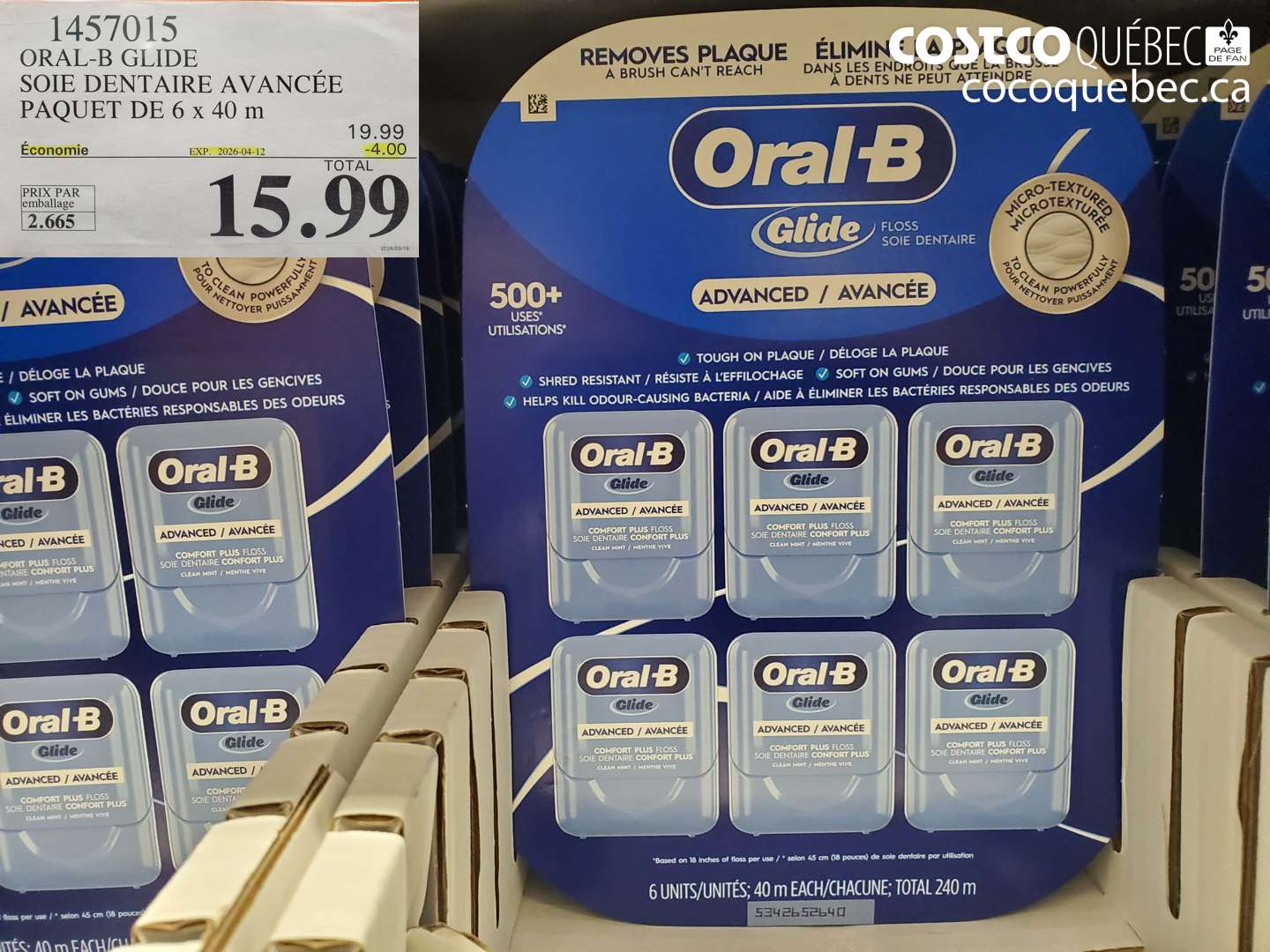 1457015 ORAL-B GLIDE SOIE DENTAIRE AVANCÉE PAQUET DE 6 x 40 m ($4.00 INSTANT SAVINGS EXPIRES ON 2026-04-12) $15.99