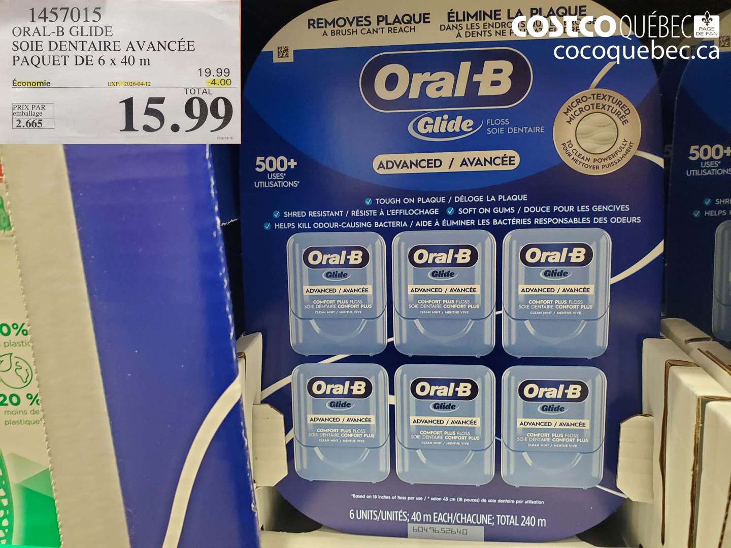 1457015 ORAL-B GLIDE SOIE DENTAIRE AVANCÉE PAQUET DE 6 x 40 m ($4.00 INSTANT SAVINGS EXPIRES ON 2026-04-12) $15.99