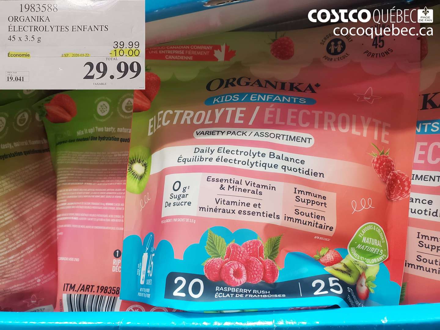 1983588 ORGANIKA ÉLECTROLYTES ENFANTS 45 X 3.5 G ($10.00 INSTANT SAVINGS EXPIRES ON 2026-03-22) $29.99