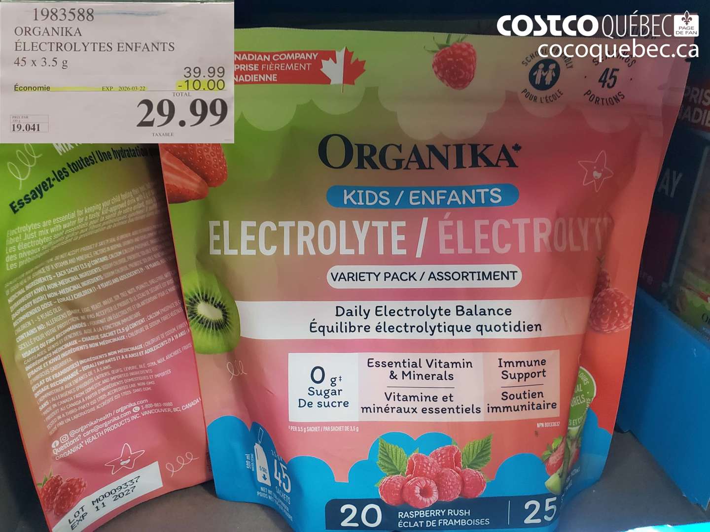 1983588 ORGANIKA ÉLECTROLYTES ENFANTS 45 X 3.5 G ($10.00 INSTANT SAVINGS EXPIRES ON 2026-03-22) $29.99
