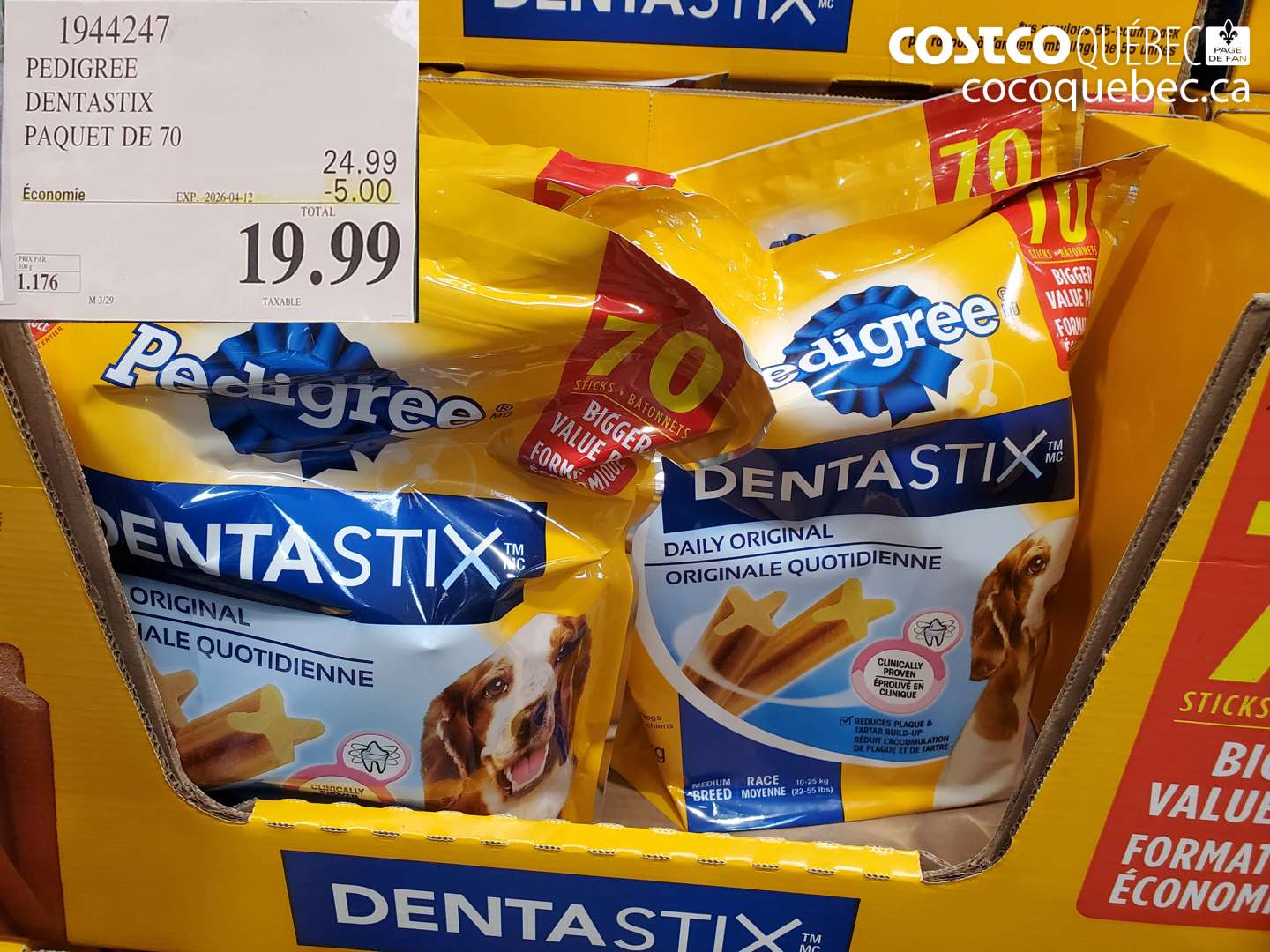 1944247 PEDIGREE DENTASTIX PAQUET DE 70 ($5.00 INSTANT SAVINGS EXPIRES ON 2026-04-12) $19.99