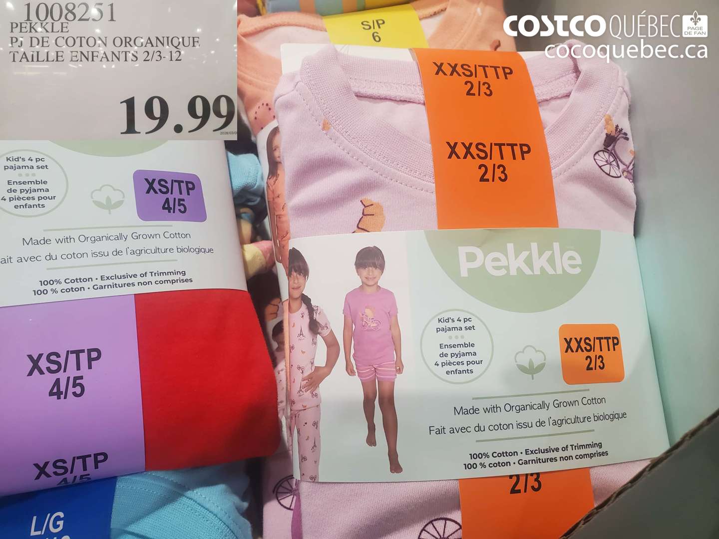 1008251 PEKKLE PJ DE COTON ORGANIQUE TAILLE ENFANTS 2/3-12 $19.99