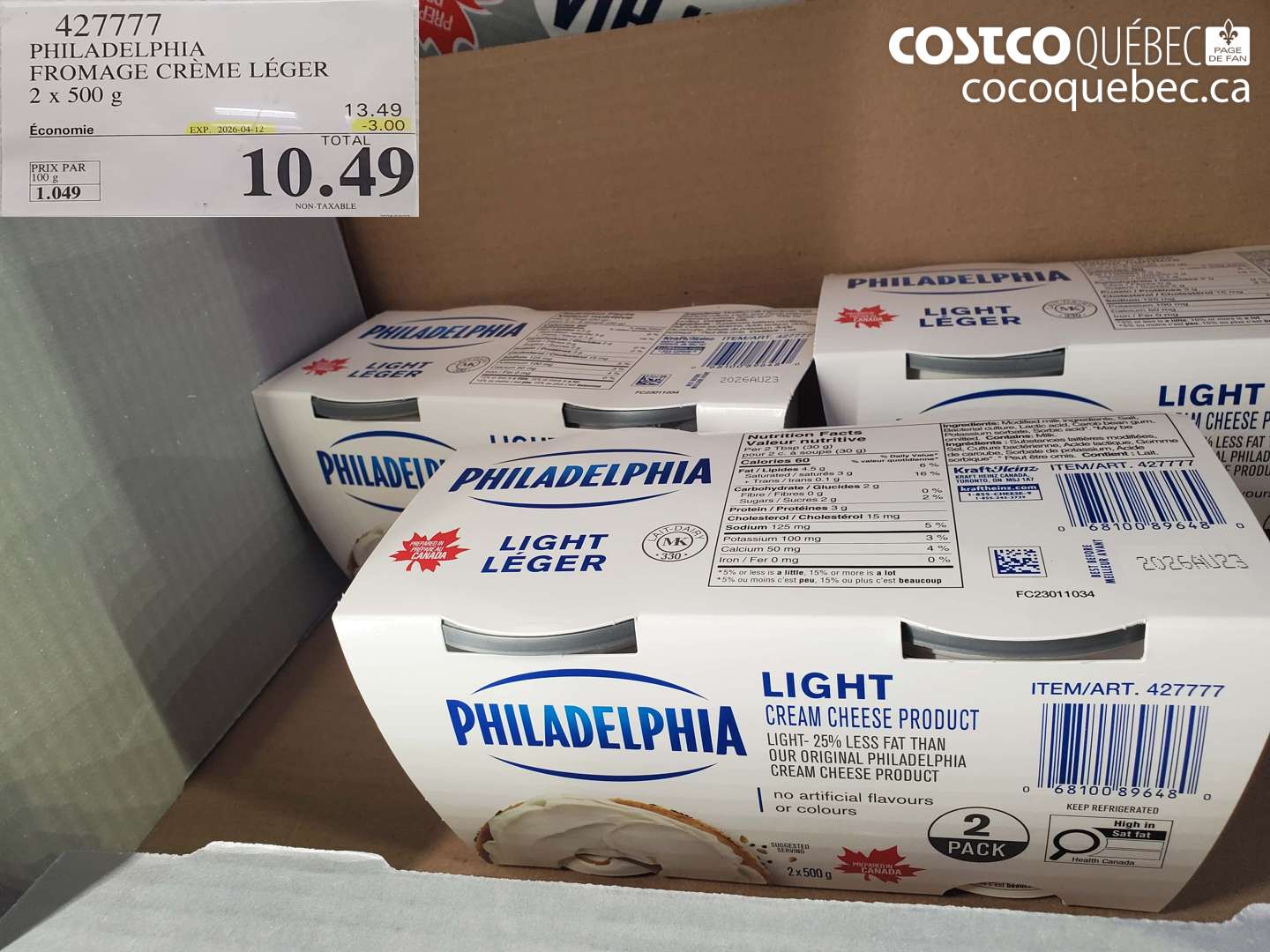 427777 PHILADELPHIA FROMAGE CRÈME LÉGER 2 x 500 g ($3.00 INSTANT SAVINGS EXPIRES ON 2026-04-12) $10.49