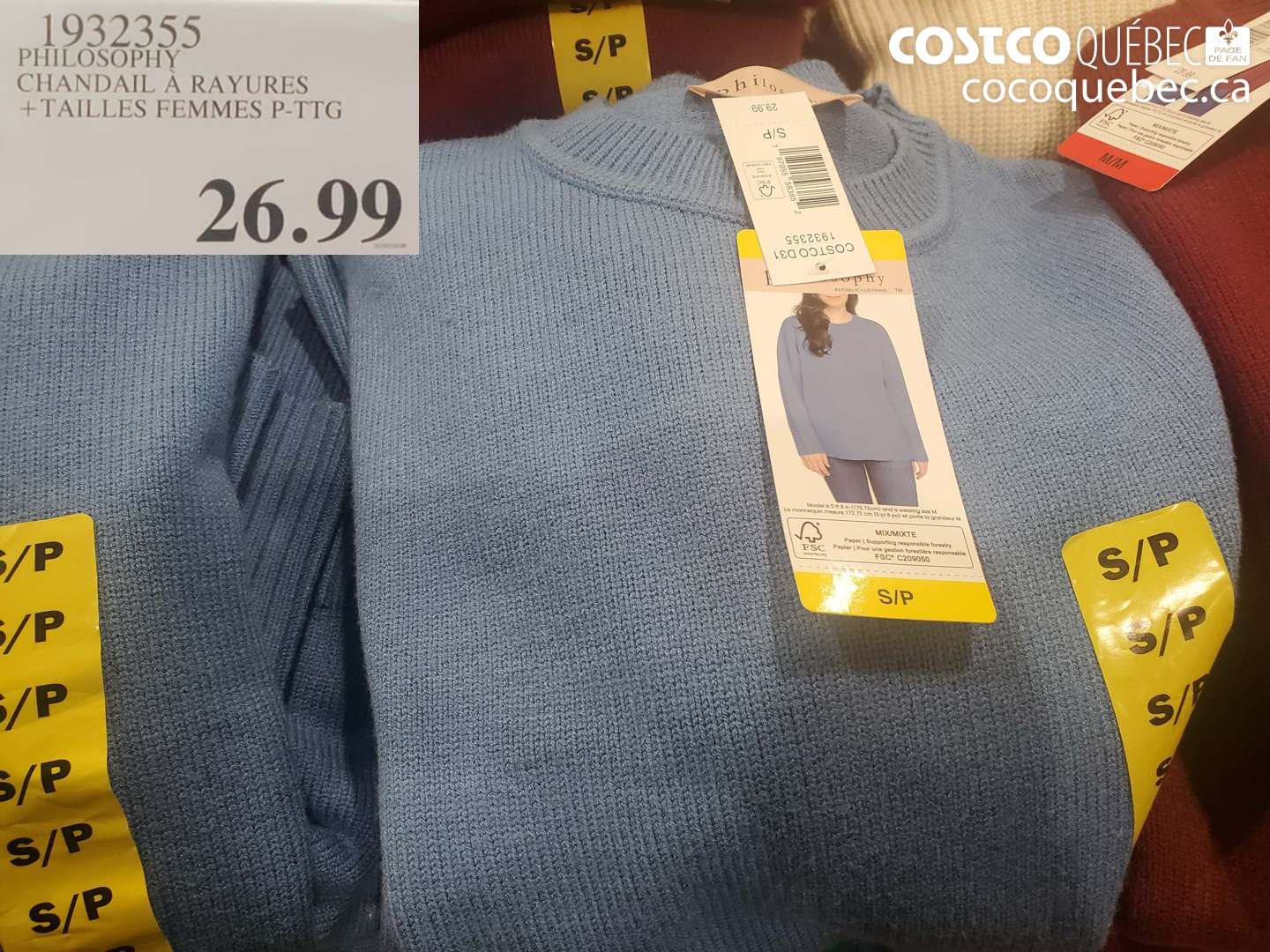 1932355 PHILOSOPHY CHANDAIL A RAYURES +TAILLES FEMMES P-TTG $26.99