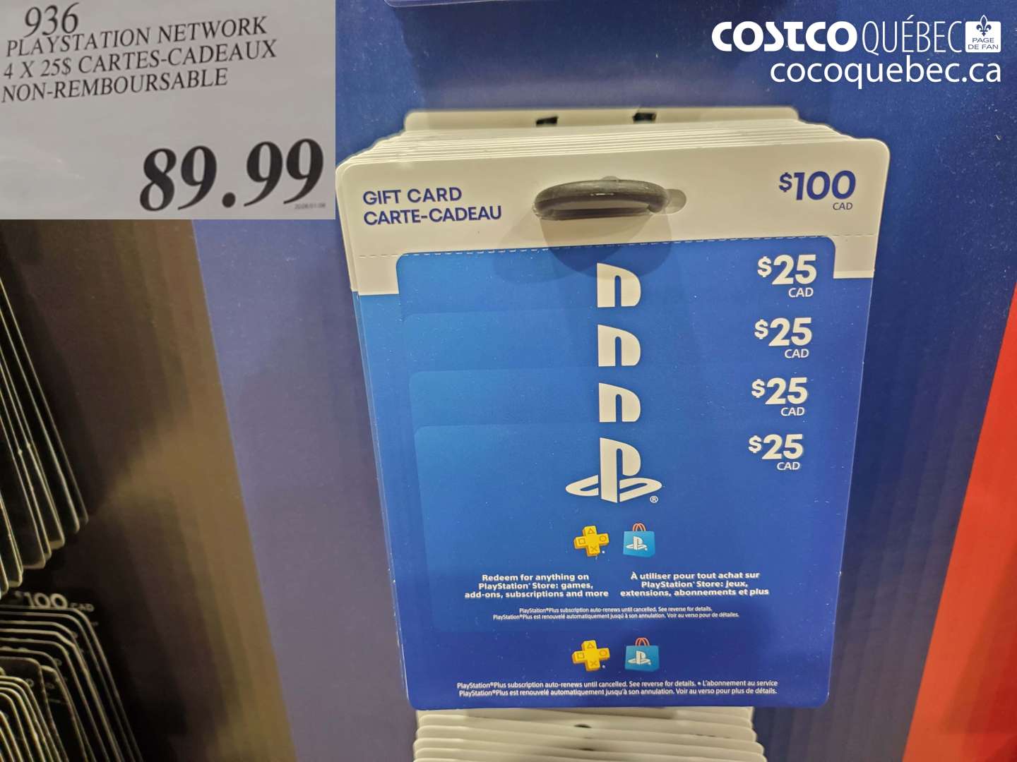 936 PLAYSTATION NETWORK 4 X 25$ CARTES-CADEAUX NON-REMBOURSABLE $89.99