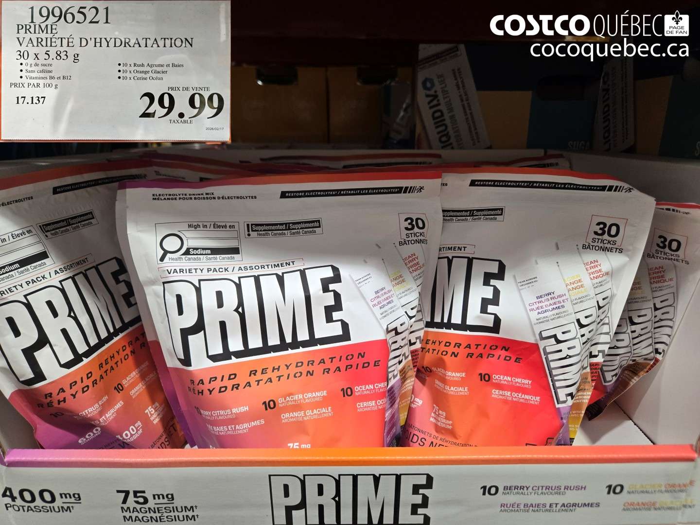 1996521 PRIME VARIÉTÉ D'HYDRATATION 30 X 5.83 G $29.99