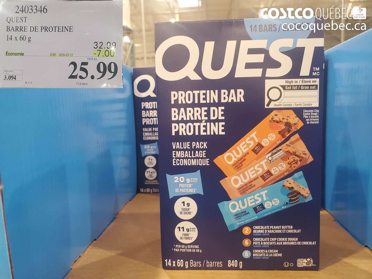 2403346 QUEST BARRE DE PROTEINE 14 X 60 G ($7.00 INSTANT SAVINGS EXPIRES ON 2026-03-15) $25.99