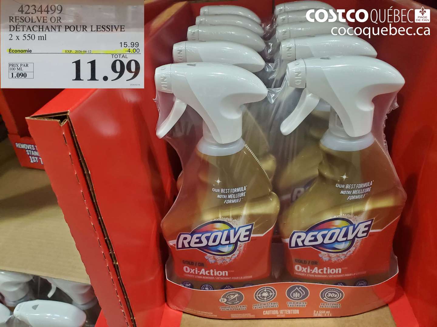 4234499 RESOLVE OR DÉTACHANT POUR LESSIVE 2 X 550 ML ($4.00 INSTANT SAVINGS EXPIRES ON 2026-04-12) $11.99