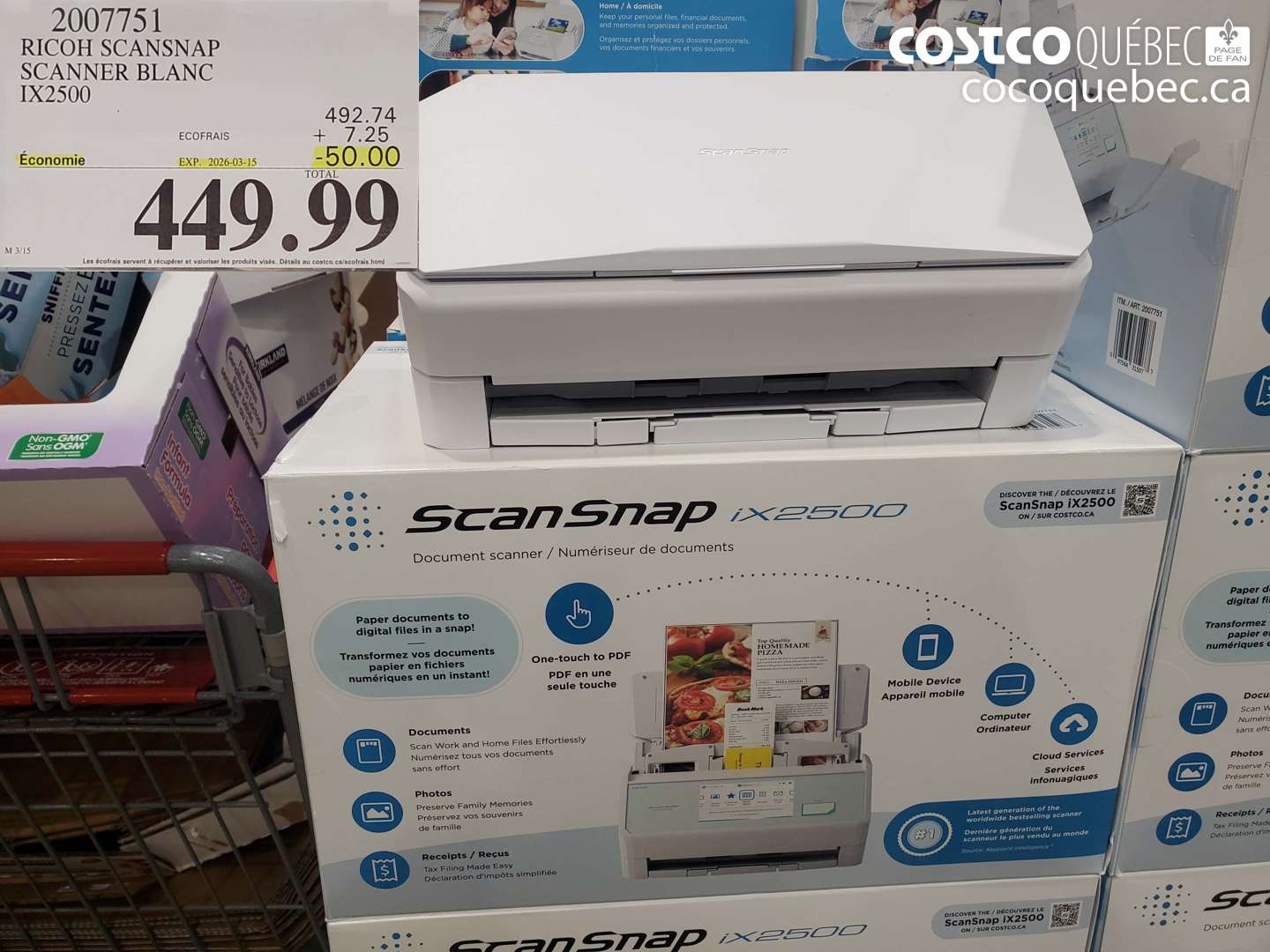 2007751 RICOH SCANSNAP SCANNER BLANC IX2500 ($50.00 INSTANT SAVINGS EXPIRES ON 2026-03-15) $449.99