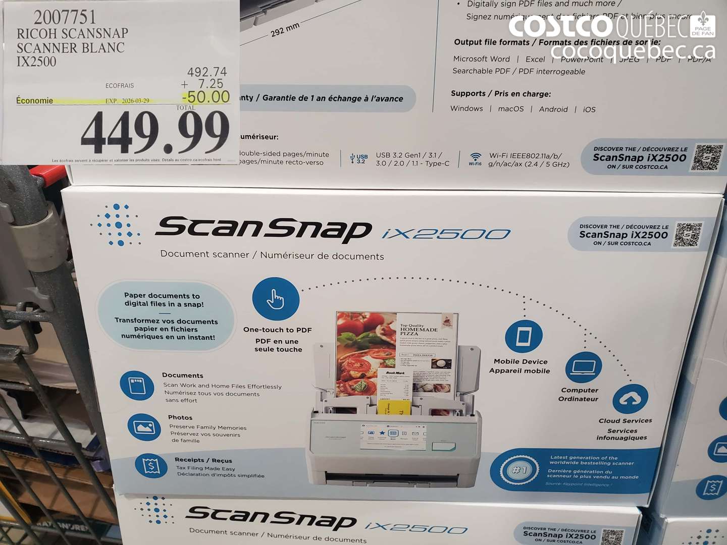 2007751 RICOH SCANSNAP SCANNER BLANC IX2500 ($50.00 INSTANT SAVINGS EXPIRES ON 2026-03-29) $449.99