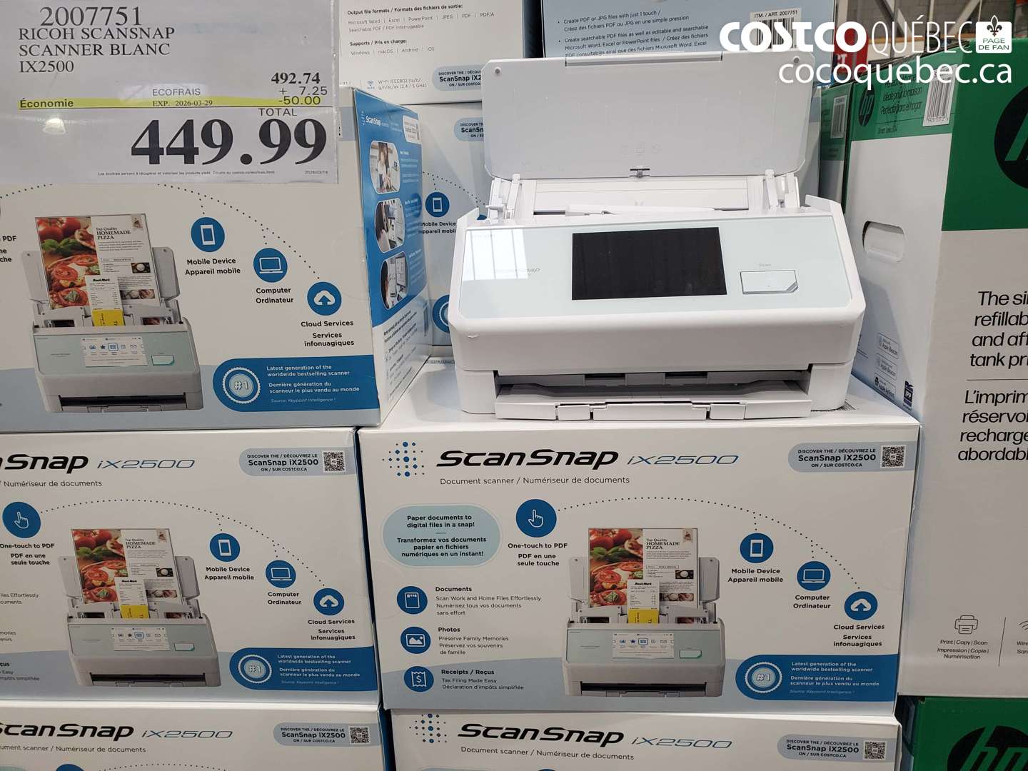 2007751 RICOH SCAN SNAP SCANNER BLANC IX2500 ($50.00 INSTANT SAVINGS EXPIRES ON 2026-03-29) $449.99