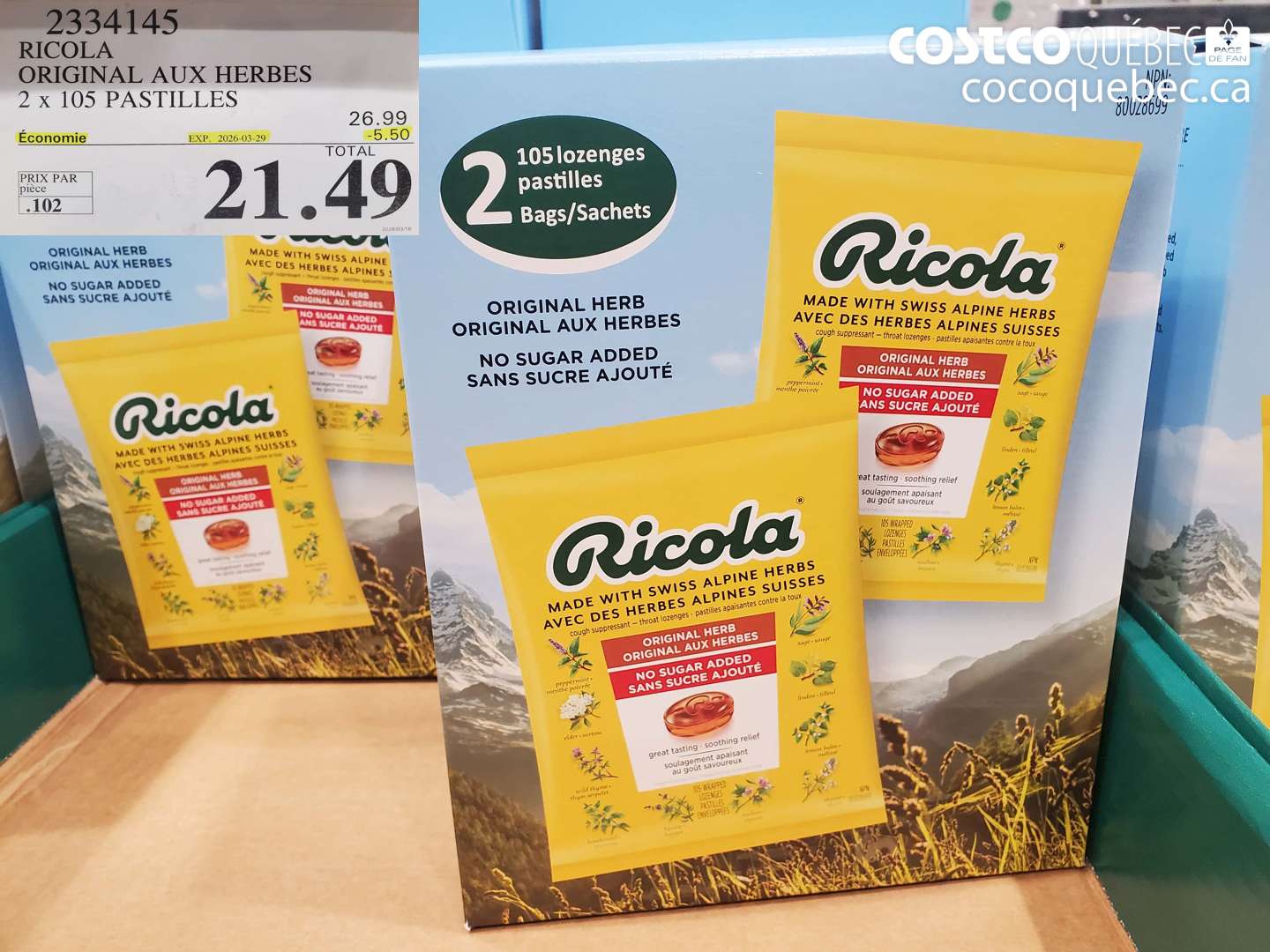 2334145 RICOLA ORIGINAL AUX HERBES 2 X 105 PASTILLES ($5.50 INSTANT SAVINGS EXPIRES ON 2026-03-29) $21.49