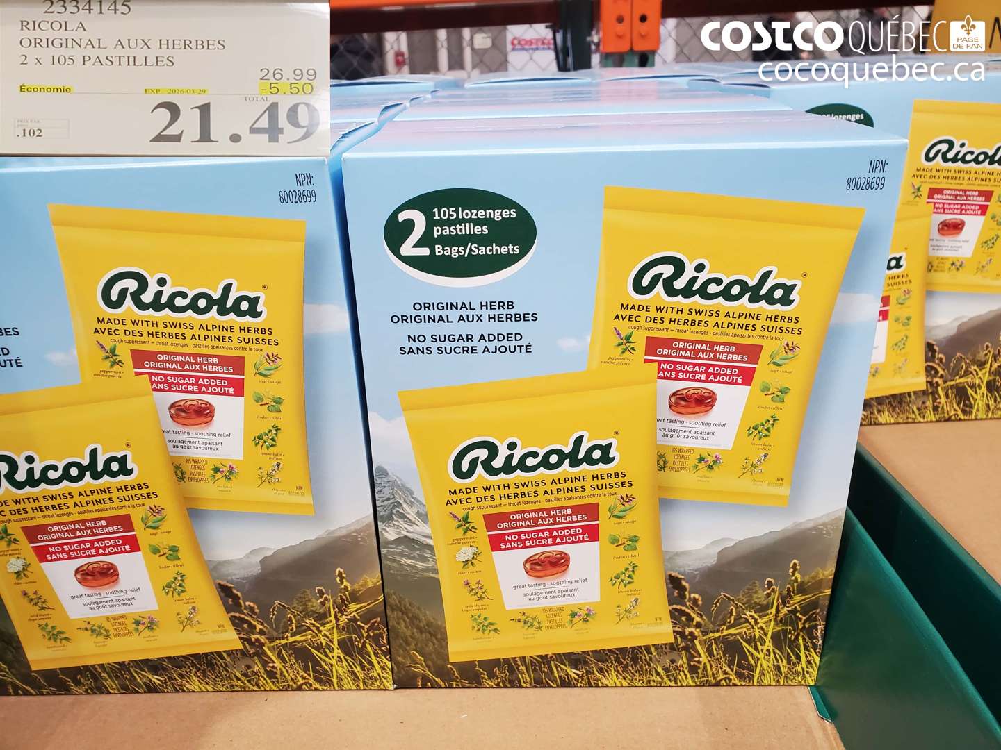 2334145 RICOLA ORIGINAL AUX HERBES 2 X 105 PASTILLES ($5.50 INSTANT SAVINGS EXPIRES ON 2026-03-29) $21.49