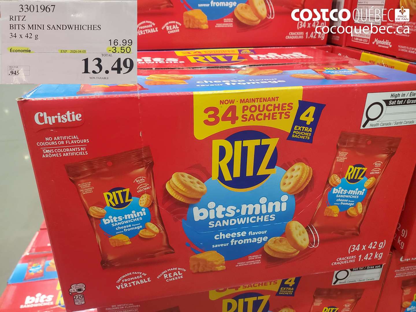 3301967 RITZ BITS MINI SANDWHICHES 34 x 42 g ($3.50 INSTANT SAVINGS EXPIRES ON 2026-04-05) $13.49