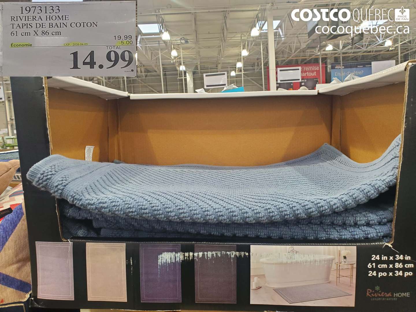 1973133 RIVIERA HOME TAPIS DE BAIN COTON 61 CM X 86 CM ($5.00 INSTANT SAVINGS EXPIRES ON 2026-04-05) $14.99