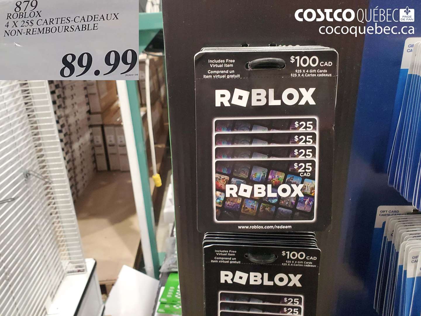 879 ROBLOX 4 X 25$ CARTES-CADEAUX NON-REMBOURSABLE $89.99