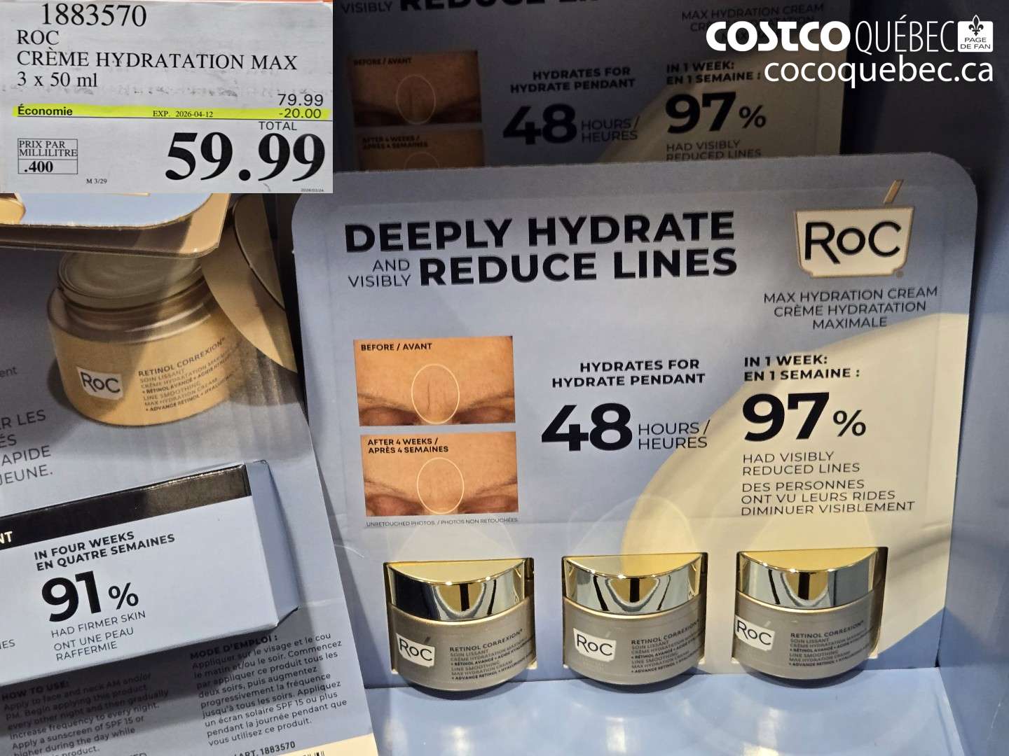 1883570 ROC CRÈME HYDRATATION MAX 3 X 50 ML ($20.00 INSTANT SAVINGS EXPIRES ON 2026-04-12) $59.99
