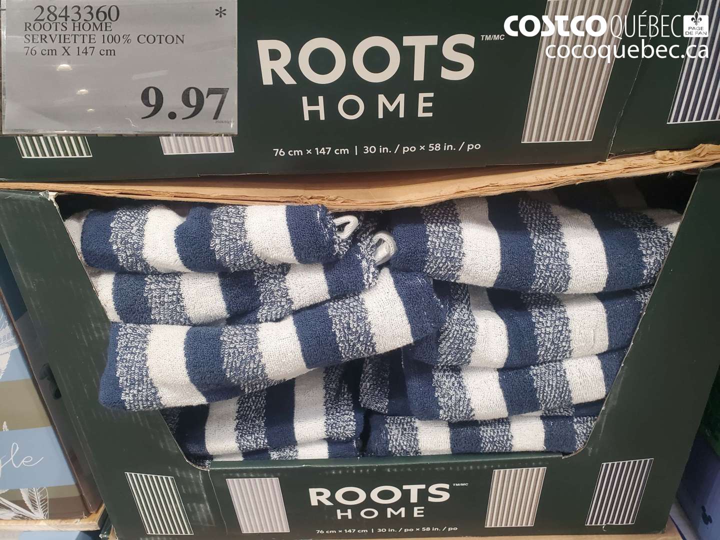 2843360 ROOTS HOME SERVIETTE 100% COTON 76 CM X 147 CM $9.97