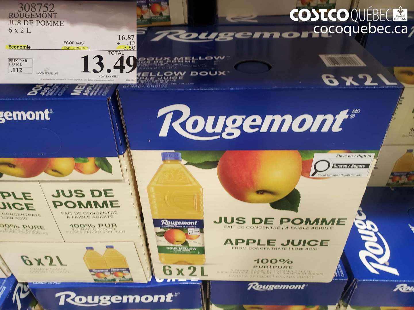 308752 ROUGEMONT JUS DE POMME 6 X 2 L ($3.50 INSTANT SAVINGS EXPIRES ON 2026-03-15) $13.49