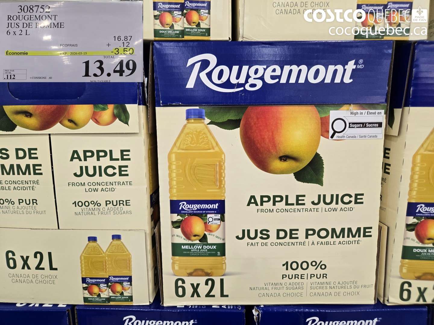 308752 ROUGEMONT JUS DE POMME 6 x 2 L ($3.50 INSTANT SAVINGS EXPIRES ON 2026-03-15) $13.49