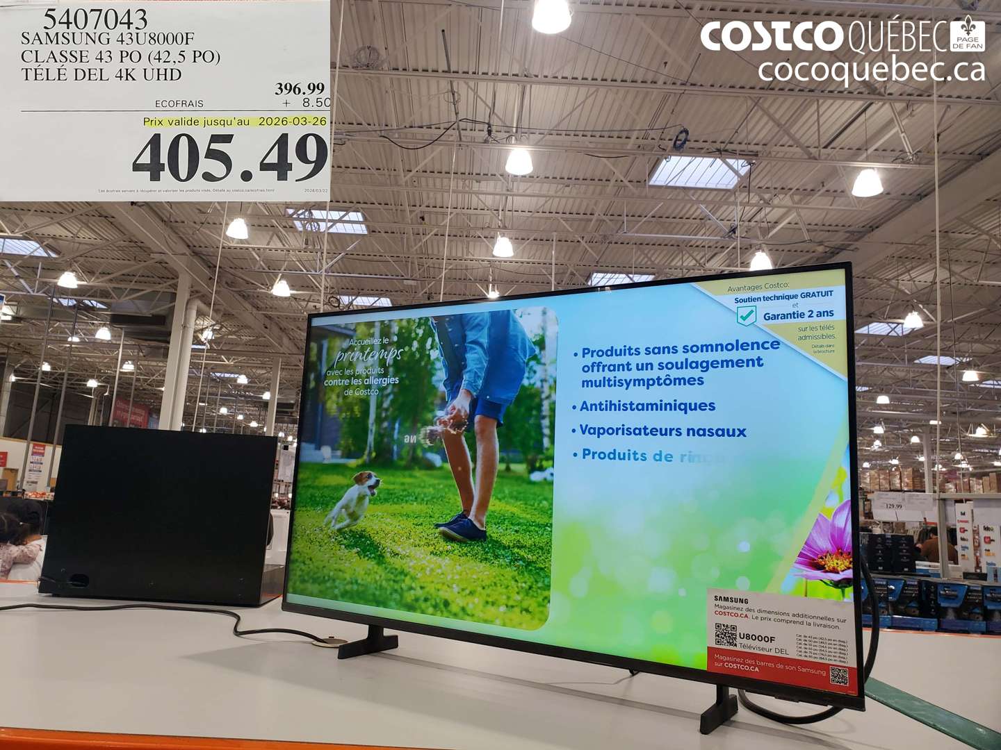 5407043 SAMSUNG 43U8000F CLASS 43 PO (42,5 PO) TELE DEL 4K UHD (EXPIRES ON 2026-03-26) $405.49